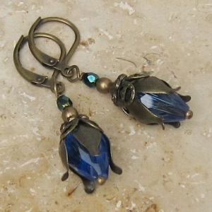  Blüten Knospen Ohrringe  handmade blau Vintage Stil Blumen Blütenohrringe Bronze Messing