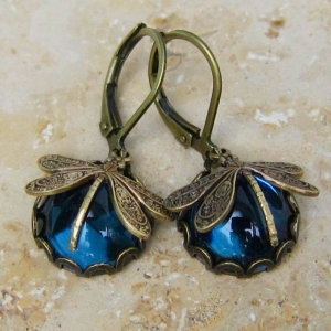 Ohrringe Libellen montana blau handgefertigt Vintage Stil Bronze Messing 
