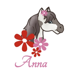 Türaufkleber | Pony - gescheckt | Wandtattoo für Kinderzimmer mit Blumen und Wunschname