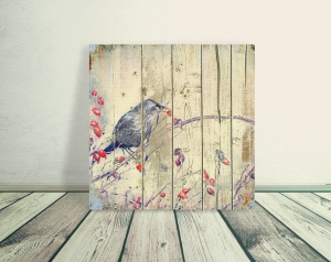 Bilder auf Holz*Birds*Beerendieb*Wanddeko handgefertigt*Shabbychic*Landhaus Natur*Tierbilder*Vögel*Stare*Hagebutten*Landschaft*Quadratisch*AntsByWiekaBloom