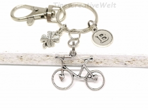 Schlüsselanhänger personalisiert, Fahrrad, Rad, Kleeblatt, Herz, Glücksbringer, Karabinerhaken mit Wirbel, Geschenk